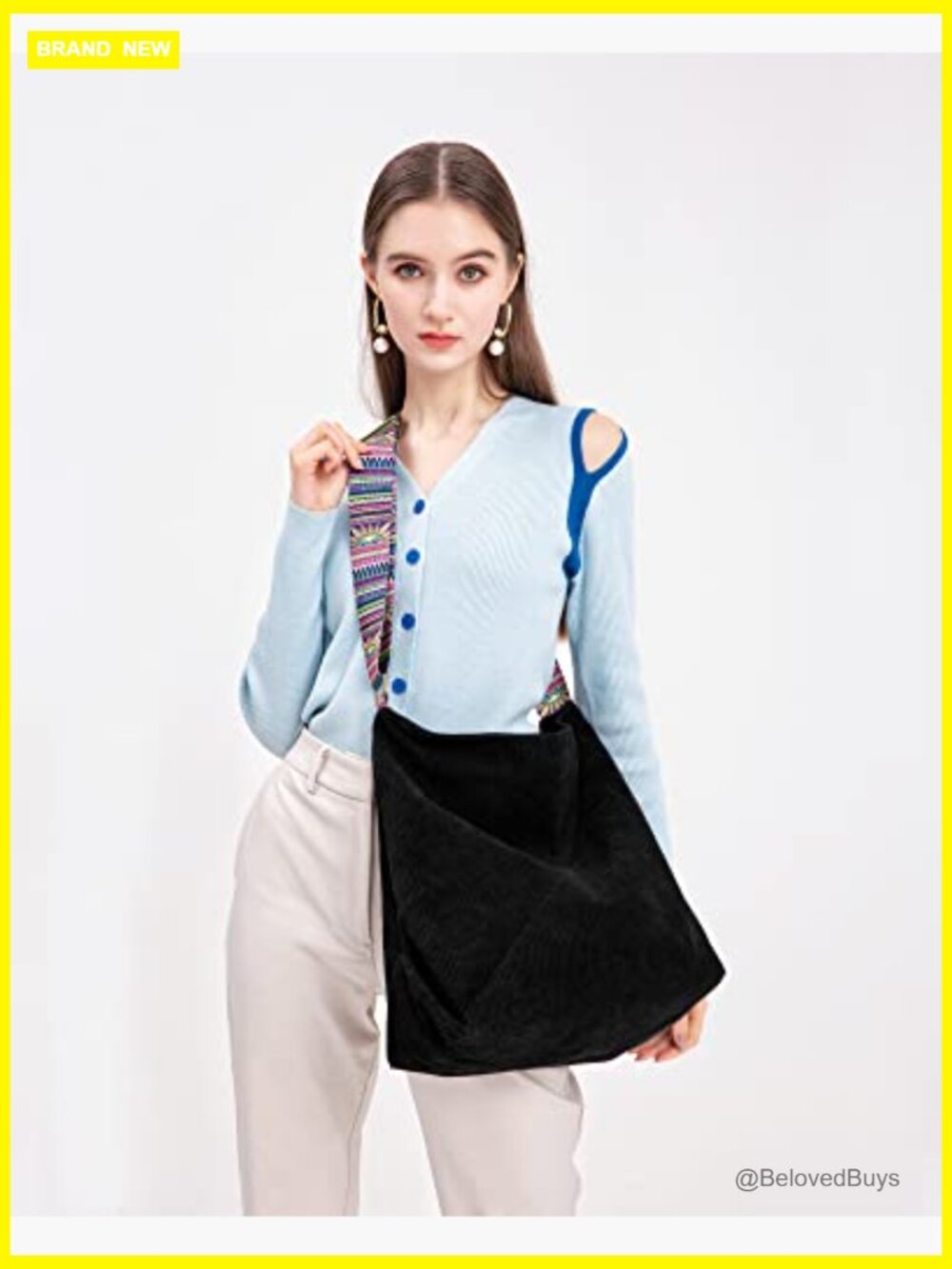 Large Corduroy Tote Bag Crossbody Hobo Purse with Zipper Compartments - Picture 3 of 7